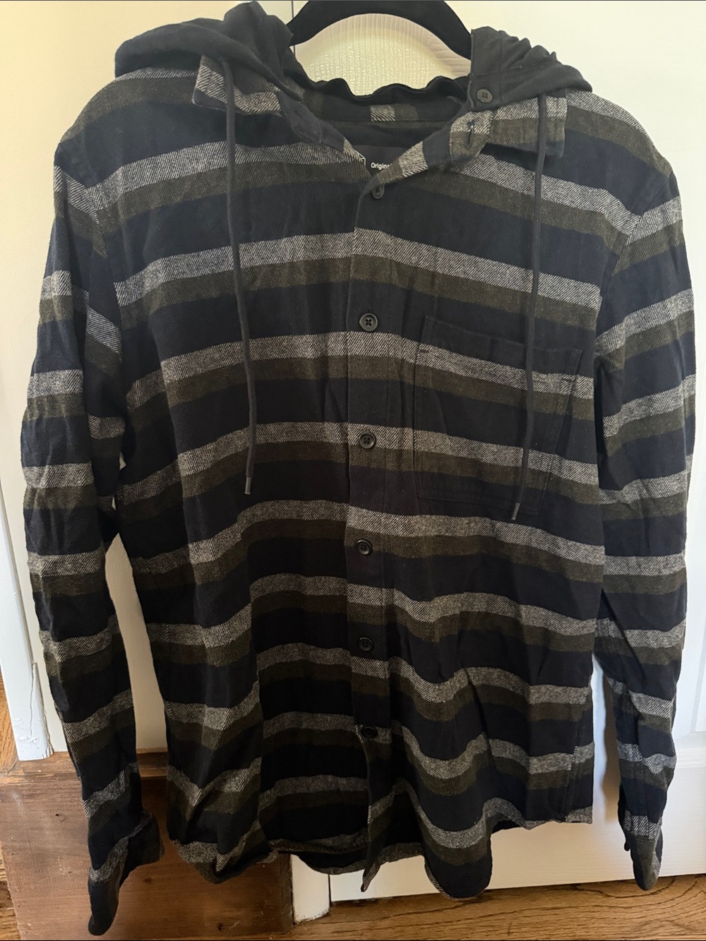 Men's Hooded Button-Up Flannel Jacket - Navy, Grey, & Green